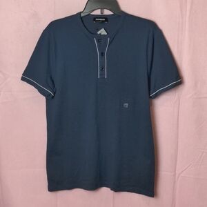Express Navy Blue Short Sleeve Collarless Pique Polo Shirt with White Trim